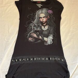 Black Gothic Dress with Cat and Girl Print